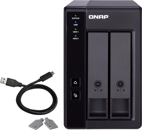 QNAP 2-bay 3.5" SATA HDD USB 3.1 Gen2 10Gbps type-C hardware RAID external enclosure. USB-C to USB-A cable included. Expansion uni