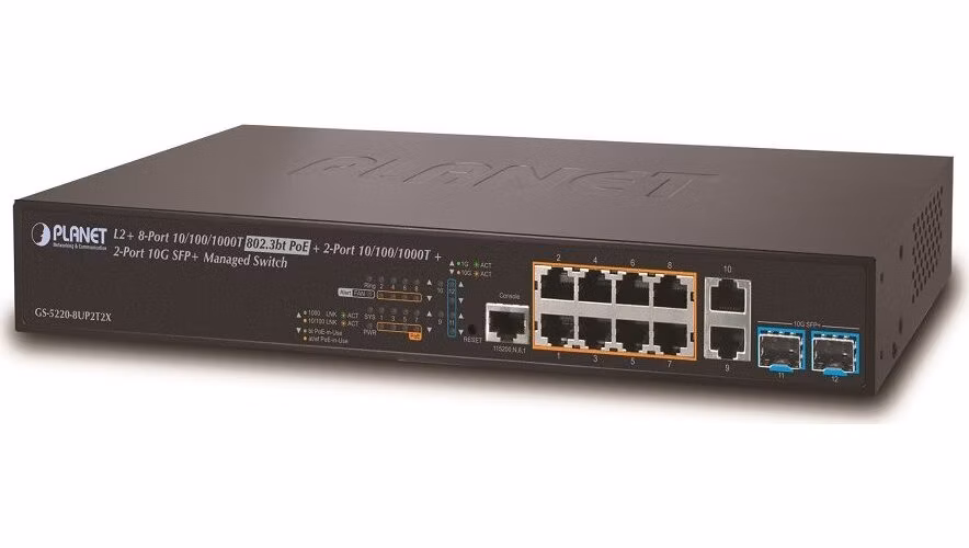 Planet GS-5220-8UP2T2X L3 switch, 10x1Gb, 2x1Gb SFP, 2x10Gb SFP+, 8x PoE 802.3bt 240W, QoS