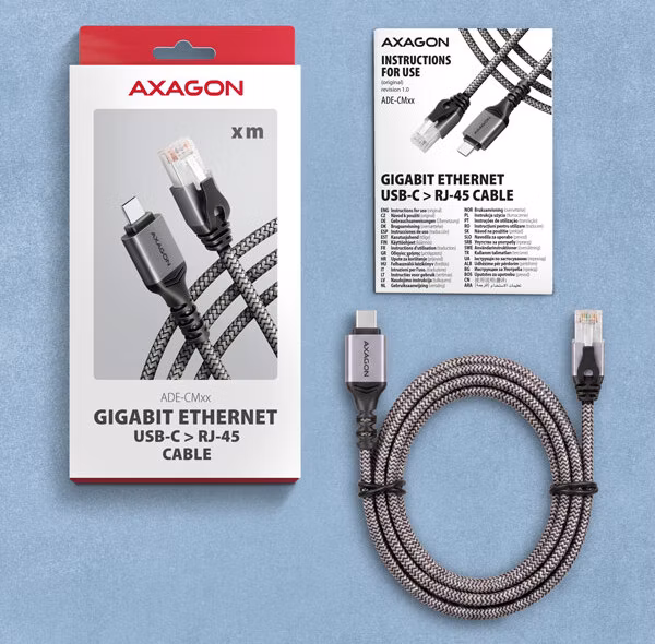 AXAGON ADE-CM50, USB-C Gigabit Ethernet adaptér s integrovaným sieťovým CAT6 káblom RJ-45 (5 m)