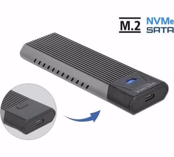 Delock Externí kombinované pouzdro USB Type-C™ pro M.2 NVMe PCIe nebo pro SATA SSD - beznástrojové