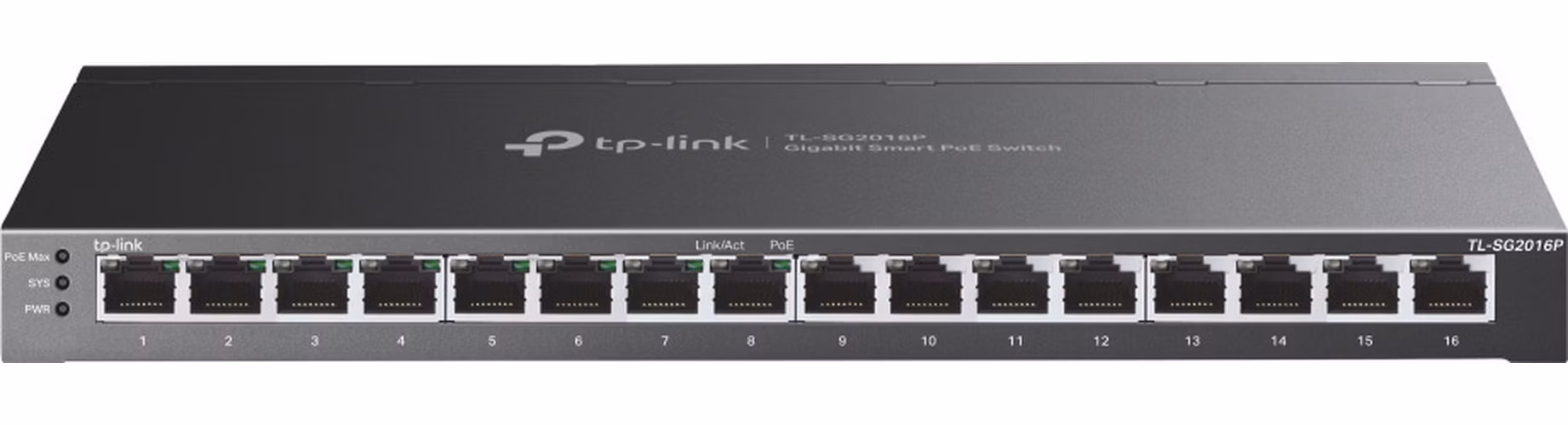 Omada 16-Port Gigabit Smart Switch with 8-Port PoE+ PORT: 8× Gigabit PoE+ Ports SPEC: 802.3af/at, 120 W PoE Power, Desk