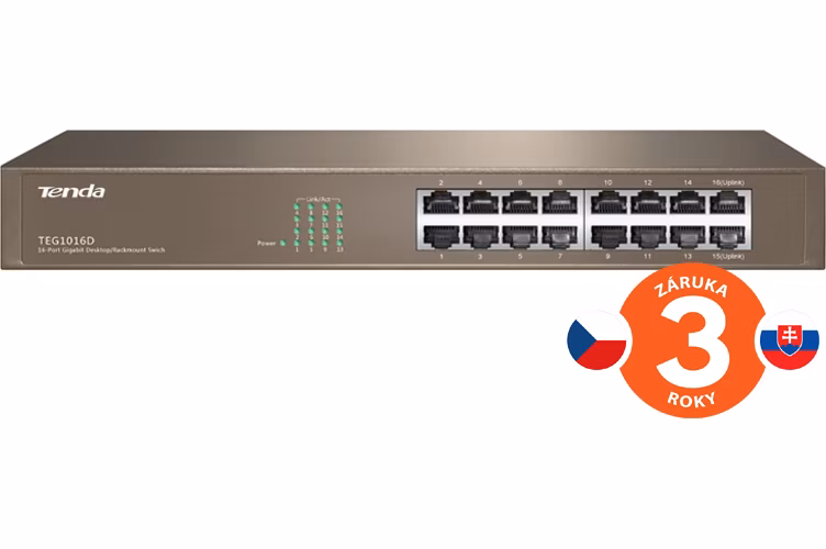 Tenda TEG1016D - 16x Gigabit Switch, Fanless-bez ventilátorov, Rackmount, ochrana proti prepätiu