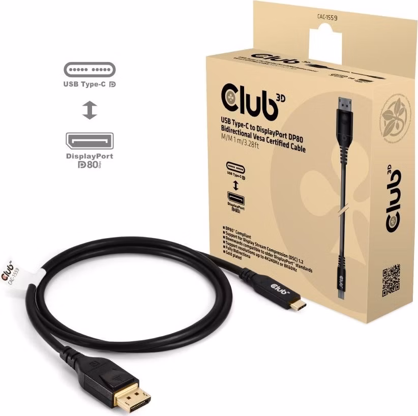 Club3D Kabel USB-C na DisplayPort 2.1, 10K60Hz, DSC1.2, UHBR10, 1m