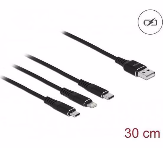 Delock Nabíjecí kabel USB 3 v 1 pro Lightning™ / Micro USB / USB Type-C™, 30 cm černá