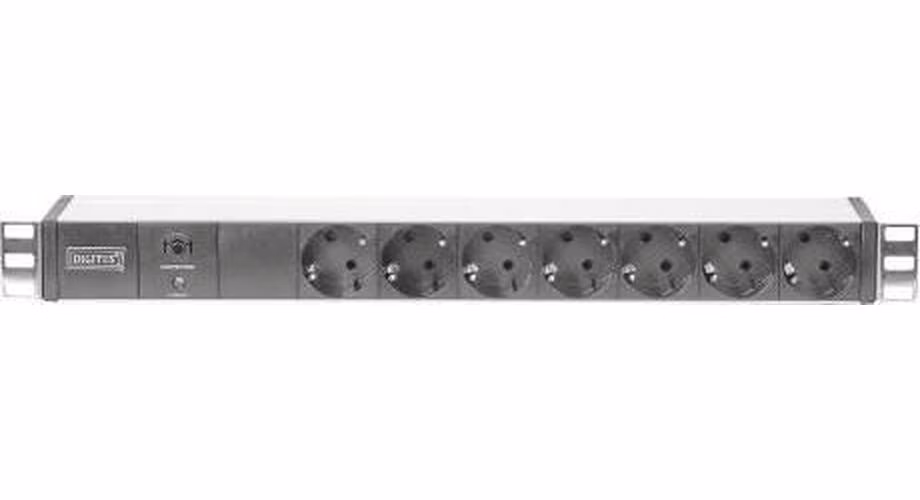 DIGITUS Professional Aluminium outlet strip with removable overvoltage protection and line filter, 7 safety outlets, 2 m supply sa