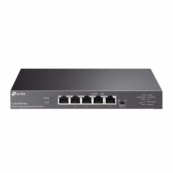 5-Port 2.5G Desktop Switch with 4-Port PoE++  PORT: 4× 2.5G PoE++ Ports, 1x 2.5G Non-PoE Port SPEC: 802.3af/at/bt type3,