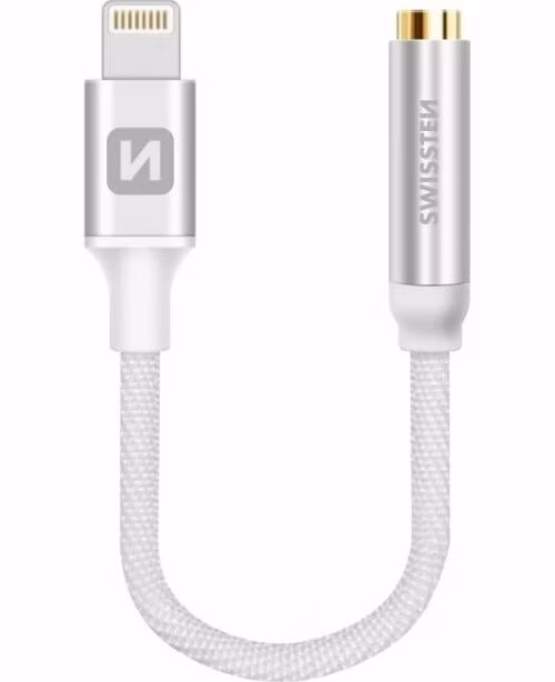 Swissten audio adaptér textile lightning /jack(samice) 0,15 m stříbrný