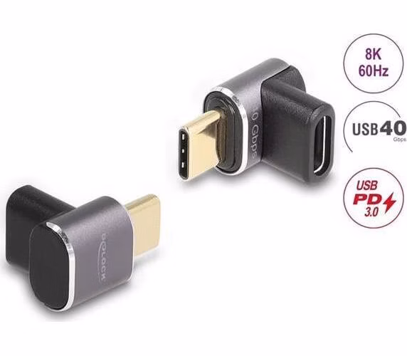 Delock USB Adaptér 40 Gbps USB Type-C™ PD 3.0 100 W samec na samice pravoúhlý 8K 60 Hz kovová kompaktní