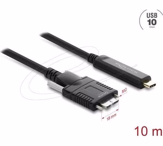 Delock Aktivní optický kabel USB 10 Gbps USB Type-C™ samec > USB 10 Gbps Typ Micro-B samec se šroubky 10 m