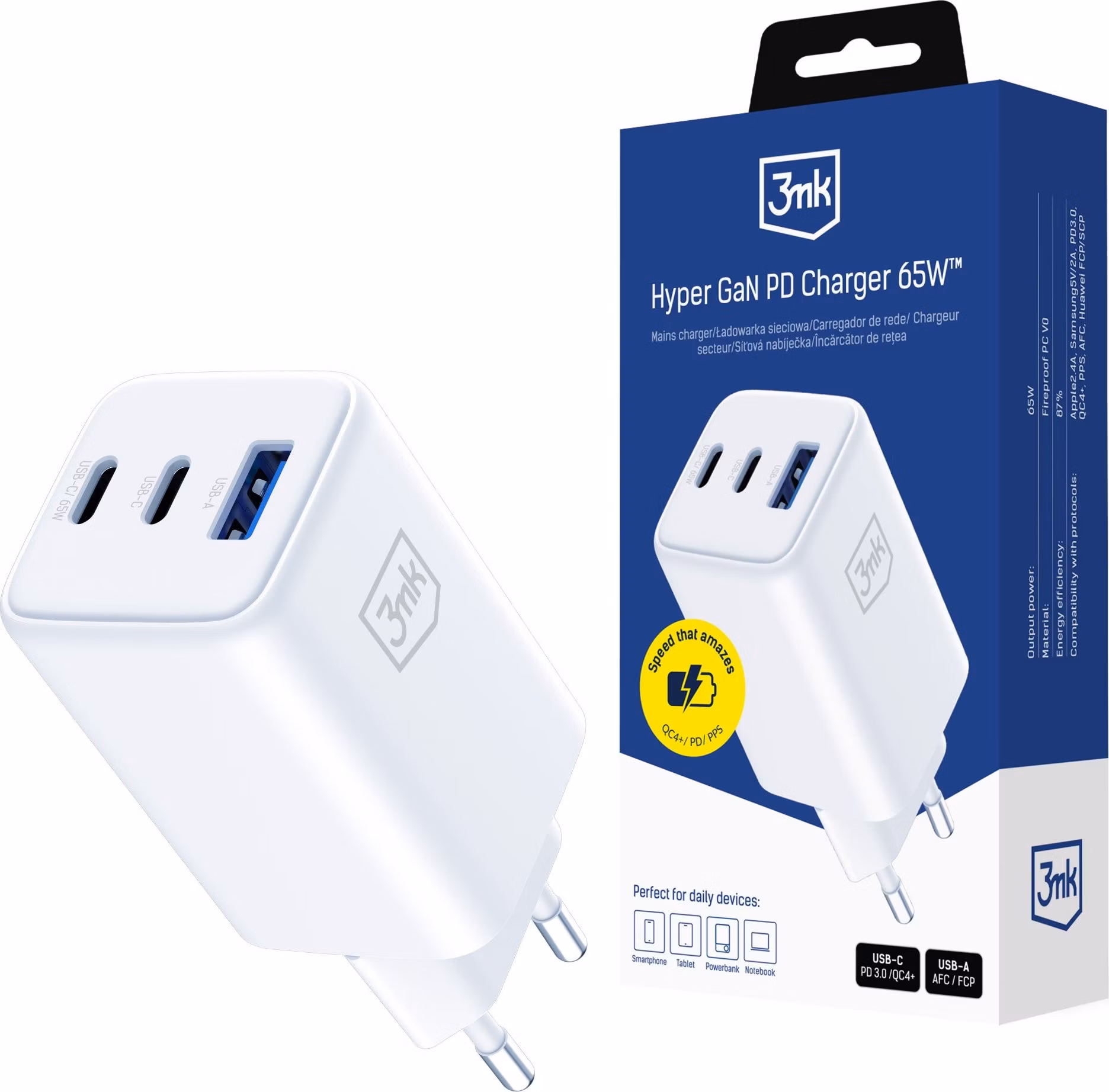 3mk síťová nabíječka Hyper GaN Charger 65W, bílá