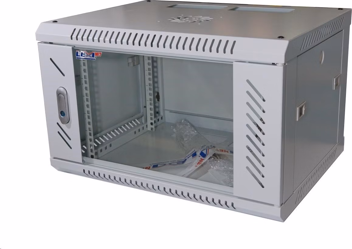 19" nástenný 6U rack LEXI, šírka 600 mm, hĺbka 450 mm, sklenené dvere, nosnosť 60 kg, dodávaný v rozloženom stave, sivá farba