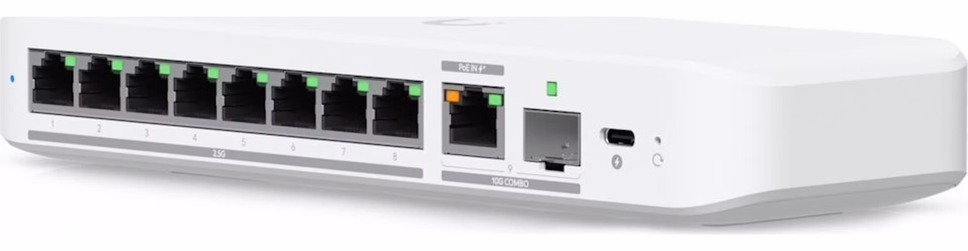 Ubiquiti Flexible, 8-port 2.5 GbE switch with a 10 GbE RJ45/SFP+ combination uplink port that can be powered with a USB