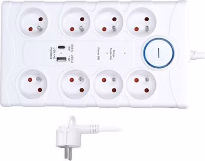 Solight prepäťová ochrana, 8z, USB A+C, 2m, biela