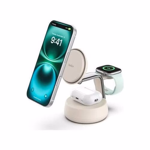 Belkin UltraCharge PRO Qi2 25W 3v1 Magnetická nabíječka pro iPhone/Apple Watch/AirPods, písečná
