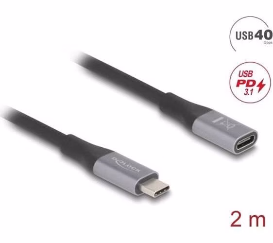 Delock Prodlužovací kabel USB 40 Gbps USB Type-C™ zástrčky na zásuvku PD 3.1 240 W 2 m šedá kovová