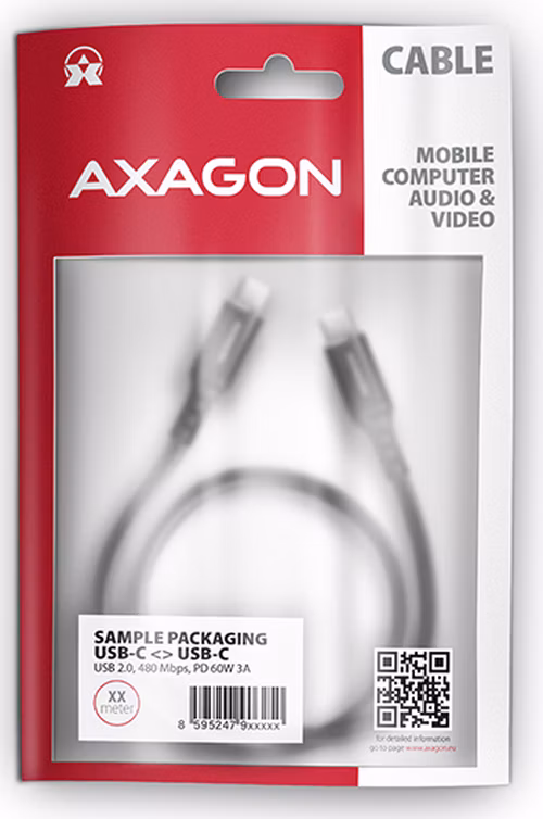 AXAGON datový a nabíjecí kabel USB-C na USB-C / USB2.0 / 3A / PD 60W / opletený / 2m / černý
