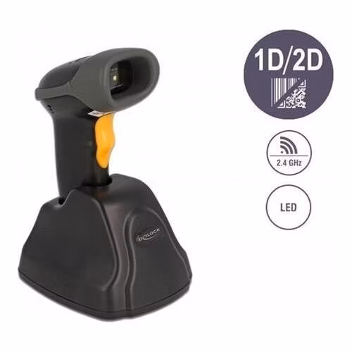 Delock Čtečka čárových kódů 2,4 GHz, 1D a 2D, s nabíjecí stanicí
