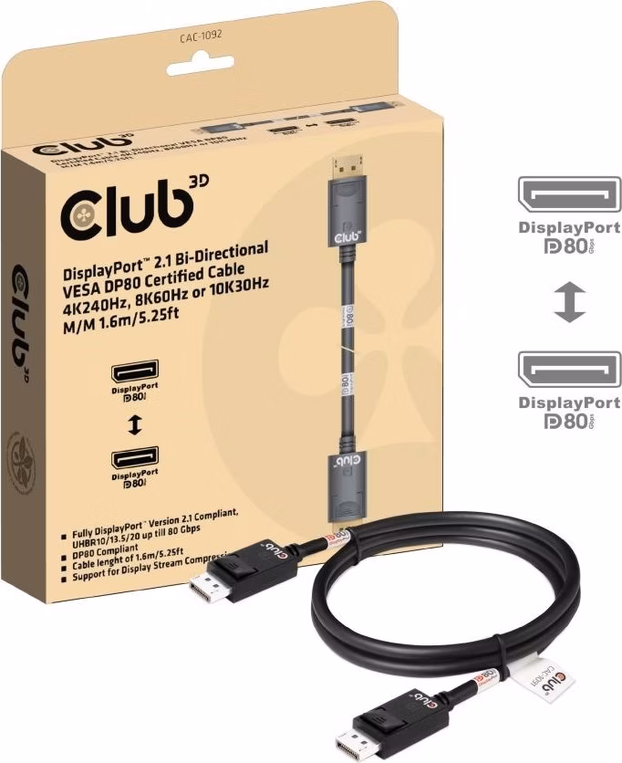 Club3D Kabel DisplayPort 2.1 na DisplayPort 2.1, VESA DP80, 4K240Hz/8K60Hz/10K60Hz (M/M), 1.6m, černá