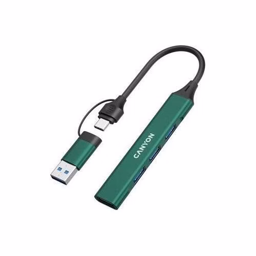Canyon DS-02, USB-C Hub, 4 porty, 3xUSB 2.0 480Mbps, 1xUSB 3.0, 5Gbps, USB-C/USB-A adaptér, zelená