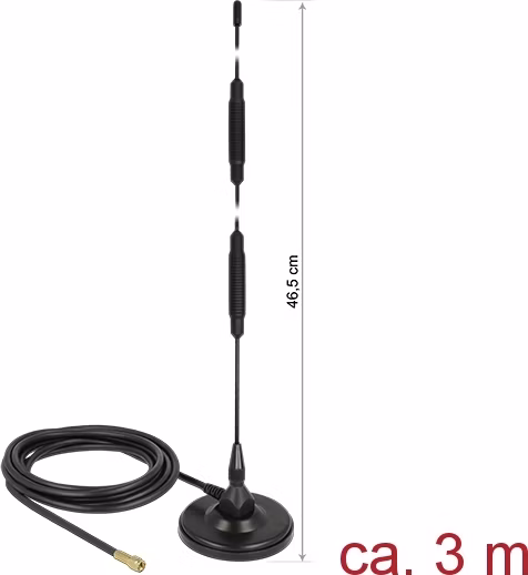 Delock LTE Anténa SMA samec 7 dBi všesměrová pevná s magnetickou základnou a připojovací kabel (RG-58, 3 m) venkovní černý