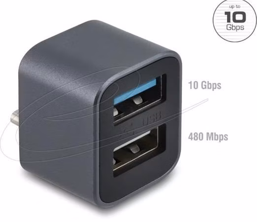 Delock Mini USB hub ze zástrčky USB Type-C na 1 x USB 10 Gbps Typ-A + 1 x USB 2.0 Typ-A