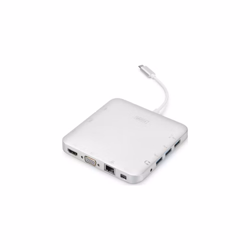 DIGITUS Univerzální dokovací stanice, USB-C, 11 portů 3x video, 1x USB-C, 3x USB3.0, RJ45, 2x čtečka karet, stříbrná hlíník