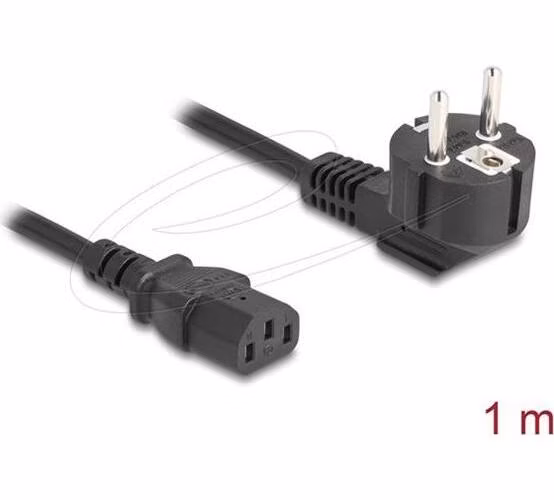 Delock Napájecí šňůra k PC z pravoúhlé zemnicí zástrčky CEE 7/7, 90°, na zásuvku C13, 1 m, 3 x 1,00 mm2, černá