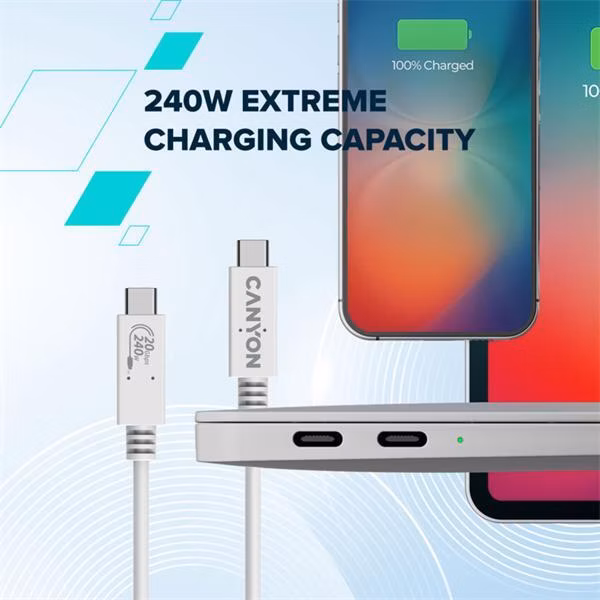 Canyon OnWire 240, 1 m, nabíjací a dátový kábel USB-C / USB-C, USB4, 240 W PD, 20 Gb/s, TPE, biely