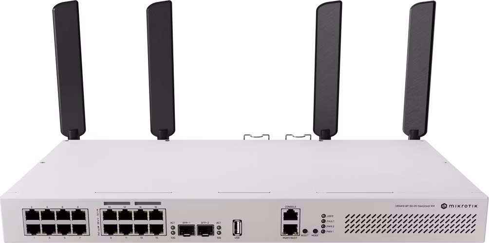 MIKROTIK RouterBOARD Cloud Router Switch CRS418-8P-8G-2S+5axQ2axQ-RM + L5 (2GHz; 1GB RAM; 16x GLAN; 2x SFP+, WIFI6; Dual PSU) rack