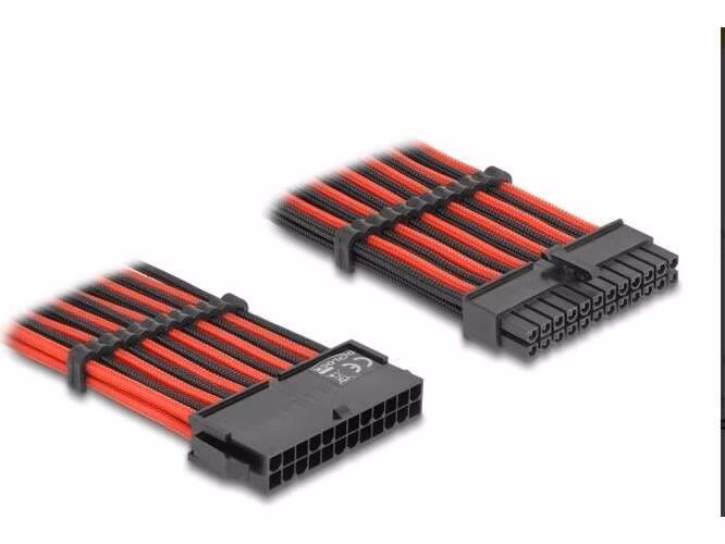 Delock Prodlužovací kabel z 24-pinové zástrčky ATX na 24-pinovou zásuvku ATX, s textilním opletením, červenočerný, 30 cm
