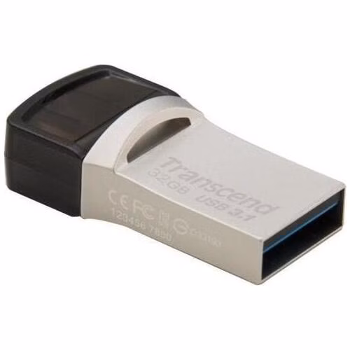 Transcend 32GB JetFlash 890, USB-C/USB 3.1 duální flash disk, malé rozměry, stříbrný kov, odolá prachu i vodě