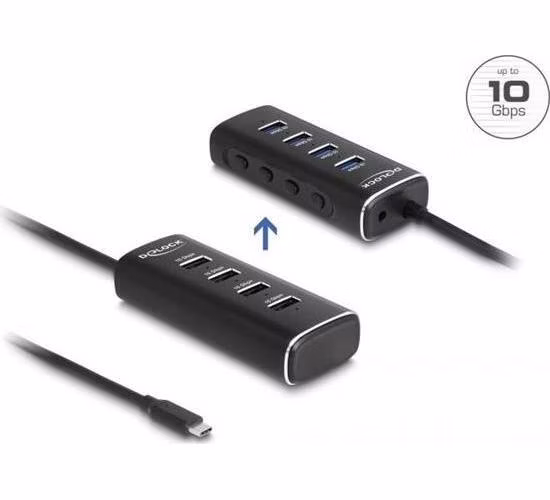 Delock 4 portový rozbočovač USB 10 Gbps s rozhraním USB Type-C™ a s konektorem, kabelem délky 60 cm a spínačem pro každý port