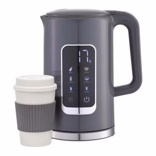 PLATINET RYCHLOVARNÁ KONVICE LCD 1,7L 5 TEPLOT + 450 ML CESTOVNÍ HRNEK, ŠEDÁ