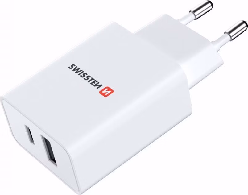 Swissten Síťový Adaptér GaN 1x USB-C + 1x USB 30W PD Bilý