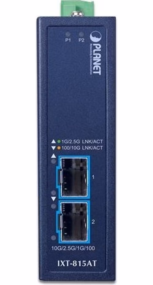 Planet IXT-815AT průmyslový kompaktní konvertor 2x10Gb SFP+, ESD+EFT, IP30, -40~75°C, dual power (9-48VDC / 24VAC)