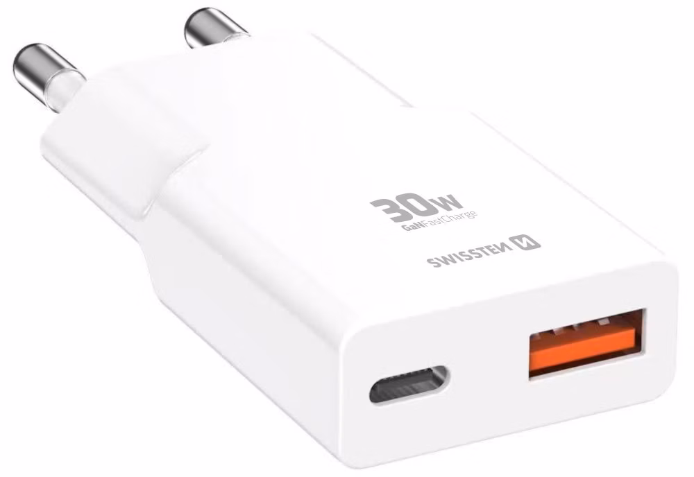 Swissten tenký síťový adaptér GaN USB-C + USB-A 30w bílý