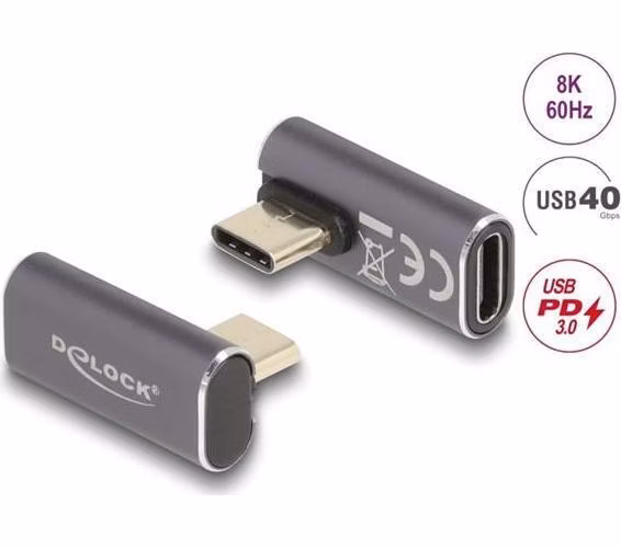 Delock USB Adaptér 40 Gbps USB Type-C™ PD 3.0 100 W samec na samice otočný pravoúhlý levý / pravý 8K 60 Hz kovová