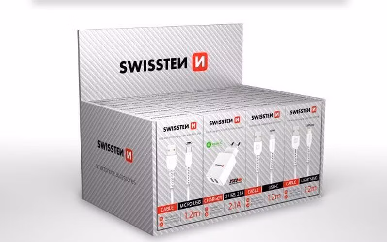 SWISSTEN SET SAMOPRODAVAČ (5x kabel MicroUSB, 5x USB-C, 5x lightning, 5x SN 2USB 2,1A)