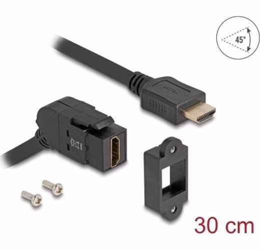 Delock Montáž na panel, HDMI, z úhlové zásuvky (45°) na zástrčku HDMI, s kabelem délky 30 cm, 8K 60 Hz, černá
