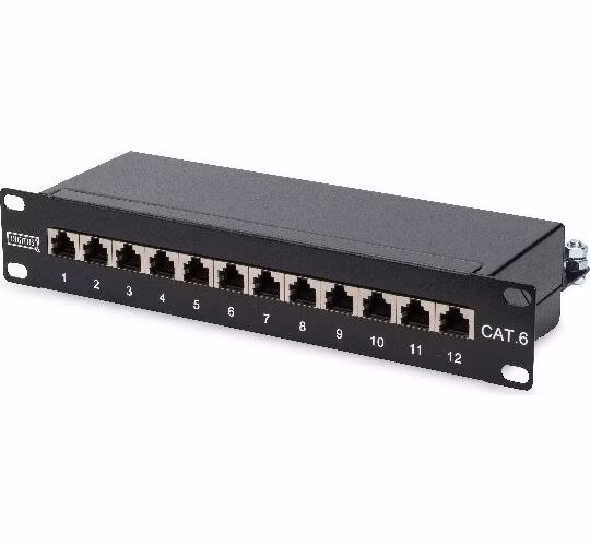 Digitus CAT 6, patch panel třídy E, stíněný, 12 portů RJ45 8P8C, LSA, 1U, 254 mm (10 "), montáž do stojanu, bl RAL 9005
