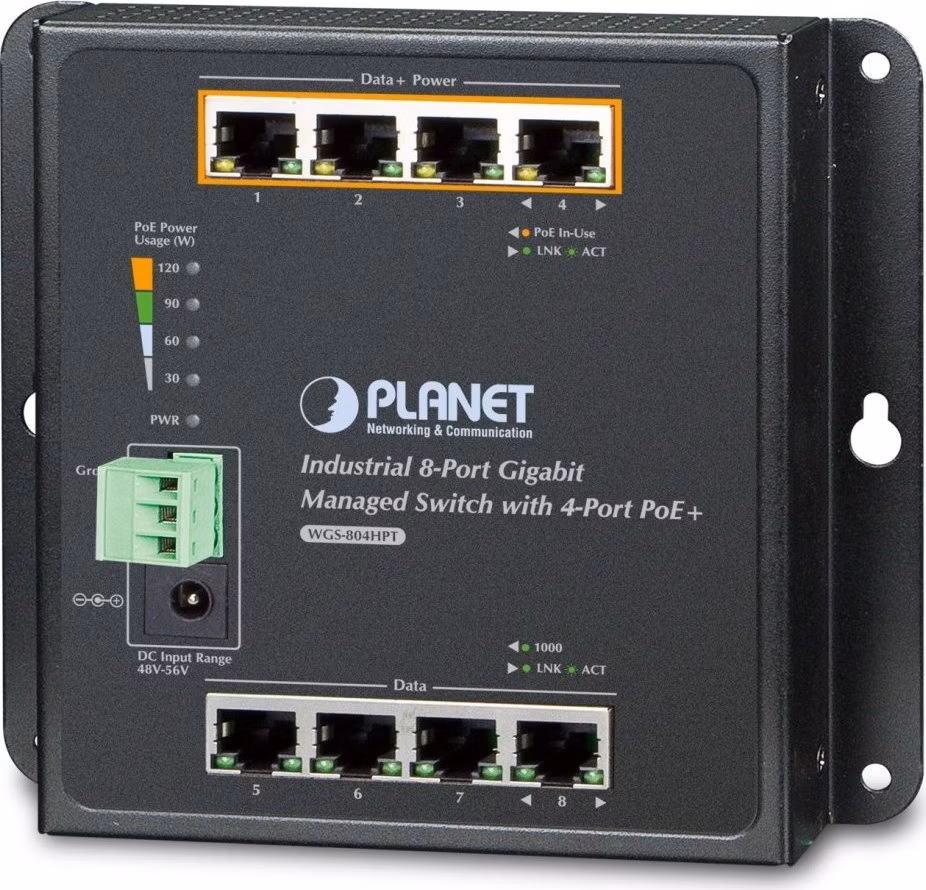 OPRAVENÉ - Planet WGS-804HPT plochý L2 switch, 8x1Gb, 4x PoE 802.3at 144W, 48-54VDC, -40~75°C, IP30, fanless