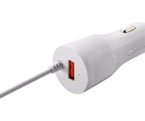 Canyon C-033, univerzálna autonabíjačka, 1x USB, výstup 5V/2,4A, Smart IC, integrovaný kábel Lightning, biela