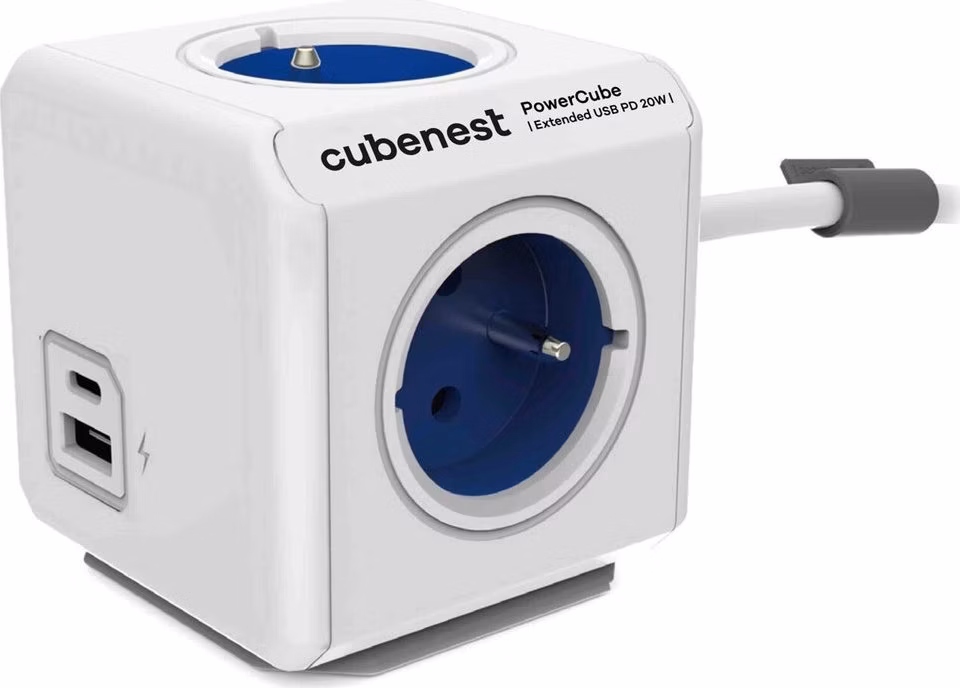 Cubenest Powercube Extended USB PD 20W, A+C, 4× zásuvka, 1,5m, bílá/modrá, dětská pojistka, uzemnění, dok, 10A/250V