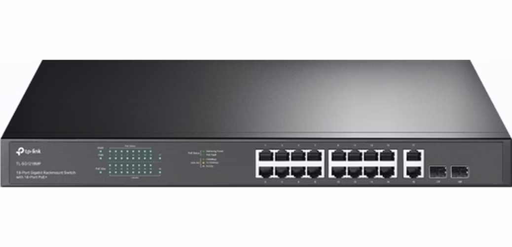 TP-Link TL-SG1218MP Switch 16x GLAN PoE+ 2x GLAN 2x SFP 19"rackmount PoE budgetem 250W.