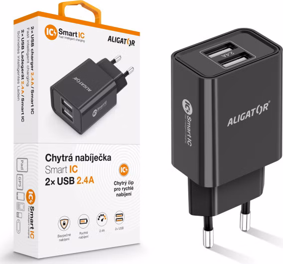 Múdra sieťová nabíjačka ALIGATOR 2,4A, 2xUSB, smart IC, čierna