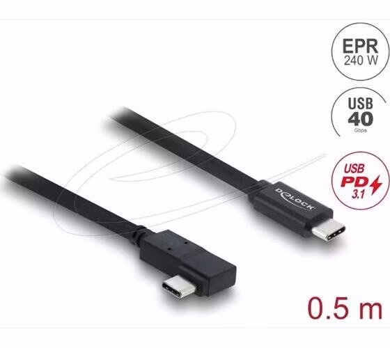 Delock Koaxiální kabel USB 40 Gbps pravoúhlý levý / pravý USB PD 3.1 240 W 0,5 m