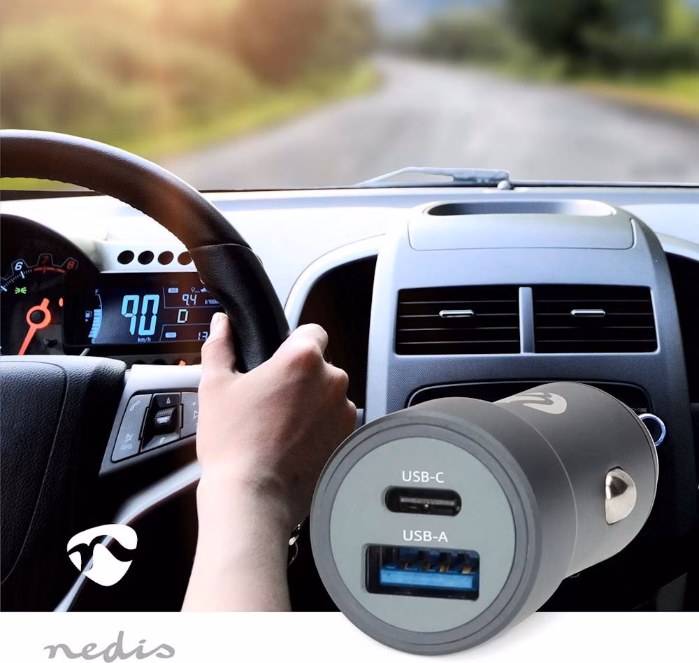 NEDIS nabíječka do auta/ 48 W/ dva výstupy/ 12 - 24 V DC/ 3.0 A/ USB-A/ USB-C/ automatická volba napětí/ šedá