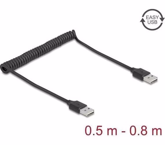 Delock Stočený kabel EASY-USB 2.0 ze zástrčky Typ-A na zástrčku EASY-USB Typ-A, 0,5 m až 0,8 m, černý