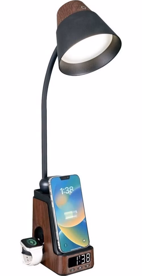 IMMAX LED stolní lampička IDEAL/ Qi nabíjení/ CCT/ 8W/ 800lm/ budík s hodinami/ tmavé dřevo/černá