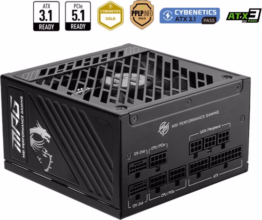 MSI zdroj MPG A1250GS PCIE5/ 1250W/ ATX3.1/ akt. PFC/ 10 let celk. záruka/ 135mm fan/ modulární kabeláž/ 80PLUS Gold